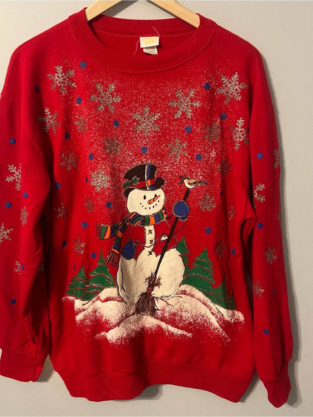 Vintage 80s/90s Christmas Snowman Crewneck Women’s M Red Pullover Sweatshirt USA